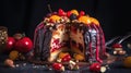 fruit cake with nuts and berries and sweet syrup in dark generative ai