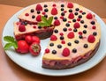 fruit cake with pudding and variety of berries, wooden table. raspberries, black currant and strawberries