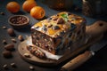 fruit cake in rectangular shape with glaze and nuts on table