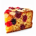 Fruit Cake Slice with Almonds and Dried Berries on White Background Royalty Free Stock Photo