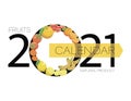 Fruit calendar 2021. Main big numbers, tropical fruits. Vector illustration isolated. Planner diary