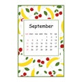 Fruit calendar for 2022 with a fruit pattern for the month of September, color vector summer illustration