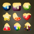 Fruit candies for match three puzzle game with chocolate topping
