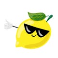 Fruit characters. Cool yellow lemon wearing black sunglasses and doing a thumbs up and smiling. Cartoon lemon character
