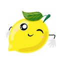 Fruit characters. Smiling cute kawaii yellow lemon reclining winking and smiling. Cartoon Character rests hand wall