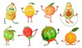 Fruit characters yoga. Fruits in fitness exercises poses, wellness food and funny sport fruit cartoon vector