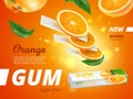 Fruit chewing gum. Citrus bubblegum. Realistic flying refreshing sticks with orange slices. Chewy stripes and leaves