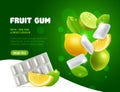 Fruit chewing gum. Lime and lemon taste bubblegum, vortex of flying citrus slices with leaves and white pads, fresh Royalty Free Stock Photo