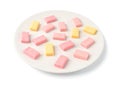 Fruit Chews Isolated, Pink Chewable Candies, Fruit Chew Candy Pile, Square Taffy, Colorful Gummy Candies