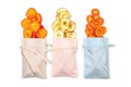 Fruit chips made of apples, tangerines, persimmons and watermelons in linen bags on a white background