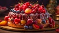 Fruit chocolate cake. Appetizing cupcake with fresh fruits of strawberries, cherries, raspberries, covered with Royalty Free Stock Photo