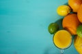 Fruit of citrus, orange, lime, lemon, pomelo, grapefruit with orange juice in a glass of glass. Space for signature on background Royalty Free Stock Photo