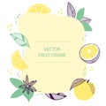 Fruit citrus text frame hand drawn flat template. Vector design with botanical illustration of orange, lemon, lime fruit