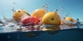 citrus fruit green fresh healthy background water strawberry drop food vitamin. Generative AI.