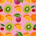 Fruit cocktail, citrus, kiwi, cherries and plums in bright seamless pattern, vector illustration Royalty Free Stock Photo