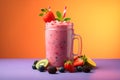 Generative AI. Fruit cocktail Smoothie with frozen berries. An enchantment of taste and healthy eating, in a glass beaker. There a Royalty Free Stock Photo