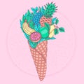 Fruit cocktail in a waffle cone. Set of tropical fruits on a background of green leaves. Royalty Free Stock Photo