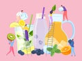 Fruit cold drink in glass concept, vector illustration. Juice summer party with flat people character, tropical fresh Royalty Free Stock Photo