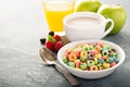 Fruit colorful sweet cereals with juice and cocoa Royalty Free Stock Photo