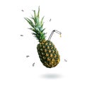 Fruit composition with fresh pineapple and cartoon doodle drawing juice or liquid splash on white background. Creative Royalty Free Stock Photo