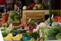 Fruit counter - vegetable market stand Royalty Free Stock Photo