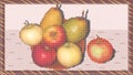Exclusive. Fruits on a plate and an apple nearby. Cross-stitched picture in a frame. Vector. Royalty Free Stock Photo