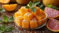 Fruit Cubes, Dessert, Bowl, Wooden Table Royalty Free Stock Photo