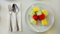 Fruit cut into pieces: melon, red and yellow watermelon Royalty Free Stock Photo