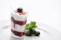 Fruit dessert in taster, cream with fruit on white plate, patisserie, photography for shop