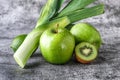 Fruit detox.Fresh green fruits vegetables on vintage background - concept for detoxification, diet or healthy food Royalty Free Stock Photo