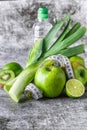 Fruit detox.Fresh green fruits vegetables on vintage background - concept for detoxification, diet or healthy food Royalty Free Stock Photo