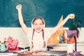 Fruit diet. back to school. Einstein. small genius child in classroom. Lunch time. small girl ready to eat apple. Smart Royalty Free Stock Photo