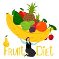 Fruit diet vector composition. Girl holding fruit illustration