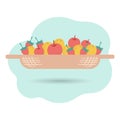 Fruit dish with lemons, apples and strawberries in doodle style on an abstract background. Print, fruit illustration