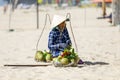 Fruit and drink seller sit on sandy beach in Nam Tien, Vietnam Royalty Free Stock Photo