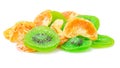 Fruit drying, Pile of dried tropical KIWI and Orange fruits isolated on the white background Royalty Free Stock Photo