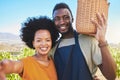 Fruit farmer selfie, environment harvest or agriculture vineyard worker couple on countryside nature garden field. Smile