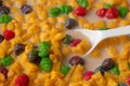 Fruit flavored breakfast cereal with milk and a white spoon Royalty Free Stock Photo