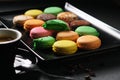 Fruit flavour multi colored Macaron dessert, close up shot Royalty Free Stock Photo