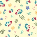 Fruit and flower seamless pattern on yellow blackground -Cherry