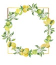 Beautiful citrus wreath of leaves, fruits and flowers of lemon and lime in a golden square frame.