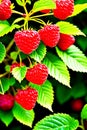 The fruit of a freshly ripening raspberry bush.