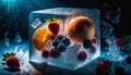 fruit frozen in an ice cube suitable as a background