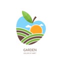 Fruit gardens and farming logo, label, emblem design. Fields landscape in apple shape.