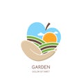 Fruit gardens and farming logo, label, emblem design. Fields landscape in apple shape.
