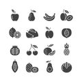 Fruit glyph icon set. Flat symbol of apple, pear, pineapple, lemon, orange, cherry.