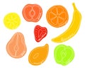 Fruit halves on white background with names. Set of cutaway fruits