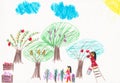 Fruit Harvesting Children`s Drawing Royalty Free Stock Photo