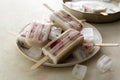 Fruit healthy berry ice cream. Homemade popsicle lolly with strawberries, blueberries and bananas Royalty Free Stock Photo