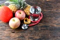 Fruit, heart, stethoscope and water glass for healthy and body s